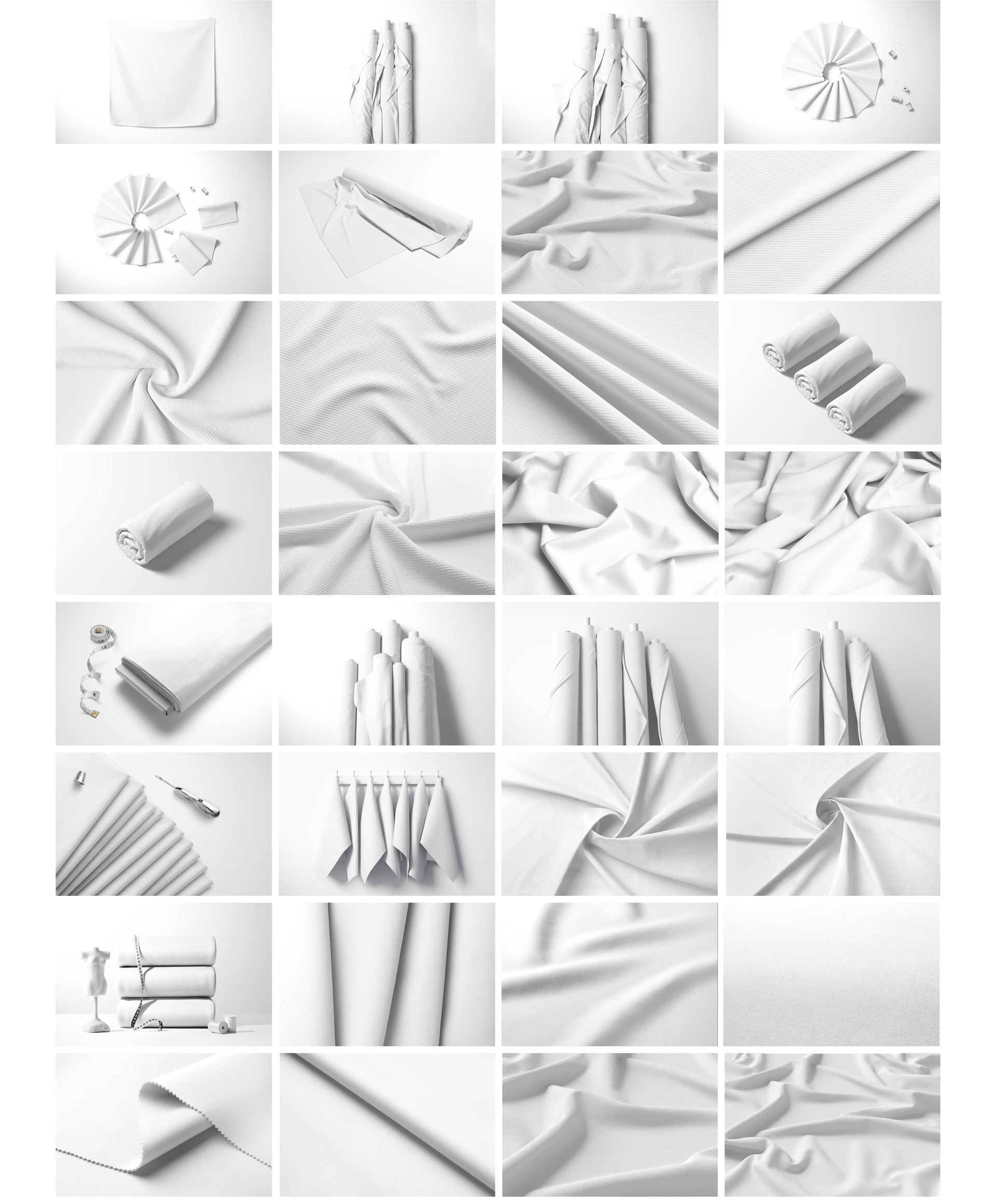 Collage of fabric mockups showing various white textiles in different shapes, folds, and draped arrangements.