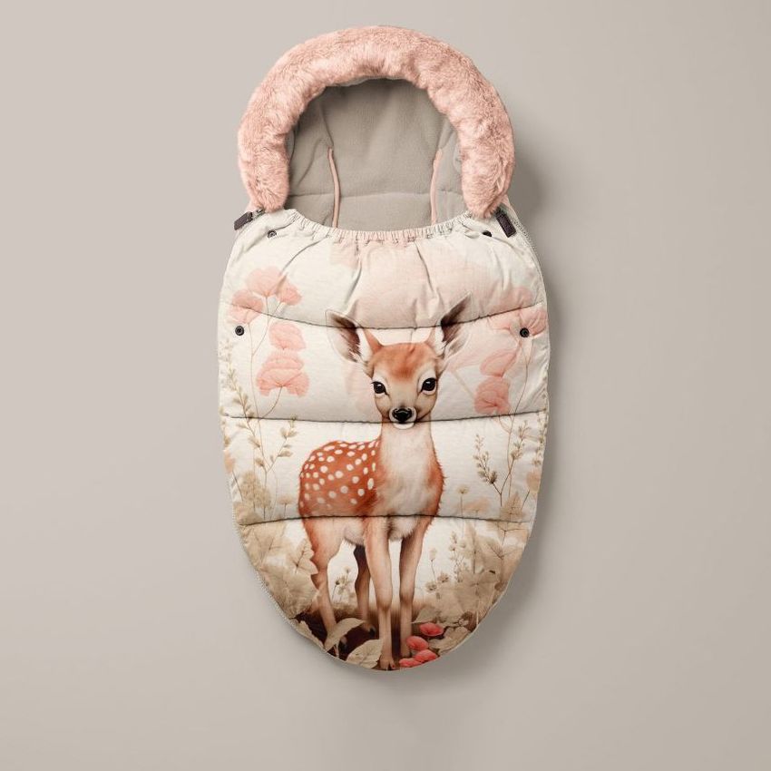 Footmuff mockup featuring a realistic illustration of a deer with flowers and foliage, shown from above on a neutral background.