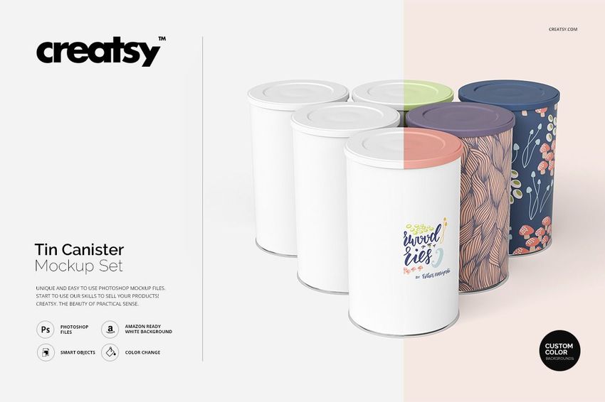 PSD mockup featuring five tin canisters with assorted patterns and solid colors, displayed side by side in a bright setting.