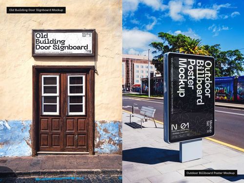 Left side features a rustic signboard above double doors, while the right displays a large billboard mockup by a sunny road.