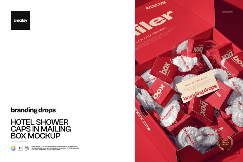 PSD mockup showing a red box packed with hotel shower caps, each cap in branded red packaging, viewed from above.