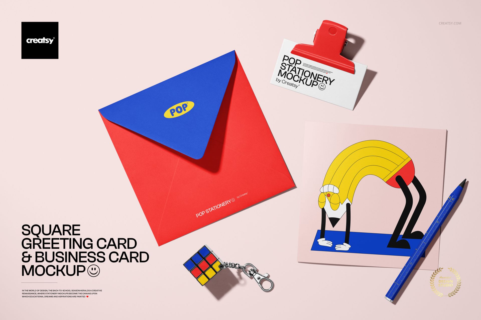 Square greeting card and business card mockup featuring a red and blue envelope, illustrated card, and stationery items on a light background.