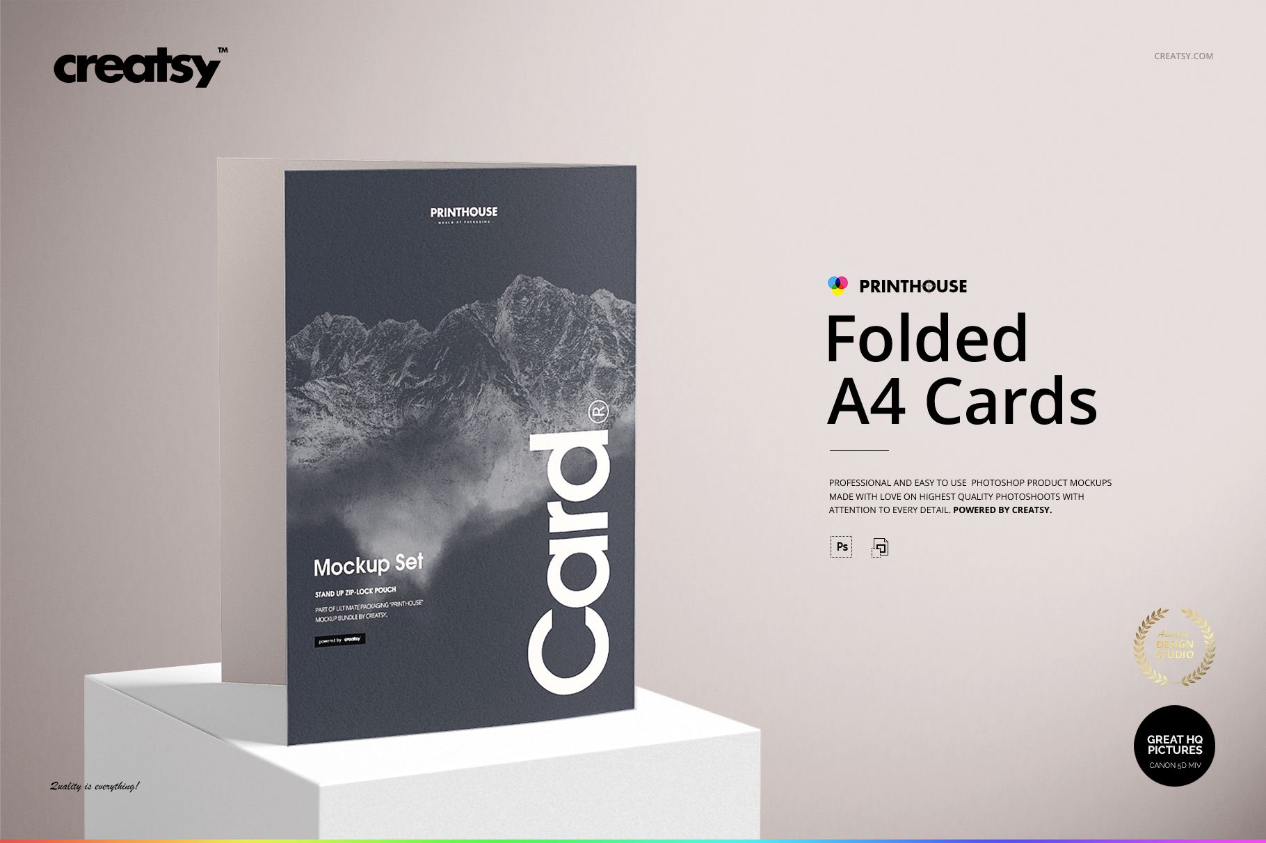 Folded A4 card mockup set displayed upright on a light surface, featuring a mountain design on the front cover.