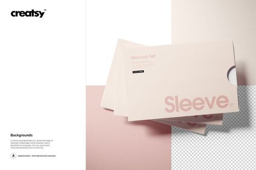 PSD mockup of two rectangular collateral sleeves in soft beige tones, shown from above with a clean background.