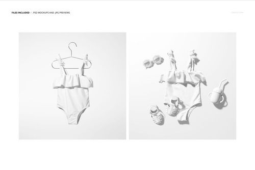 Front view of a baby swimsuit mockup on a hanger, displayed on a white background with matching accessories.