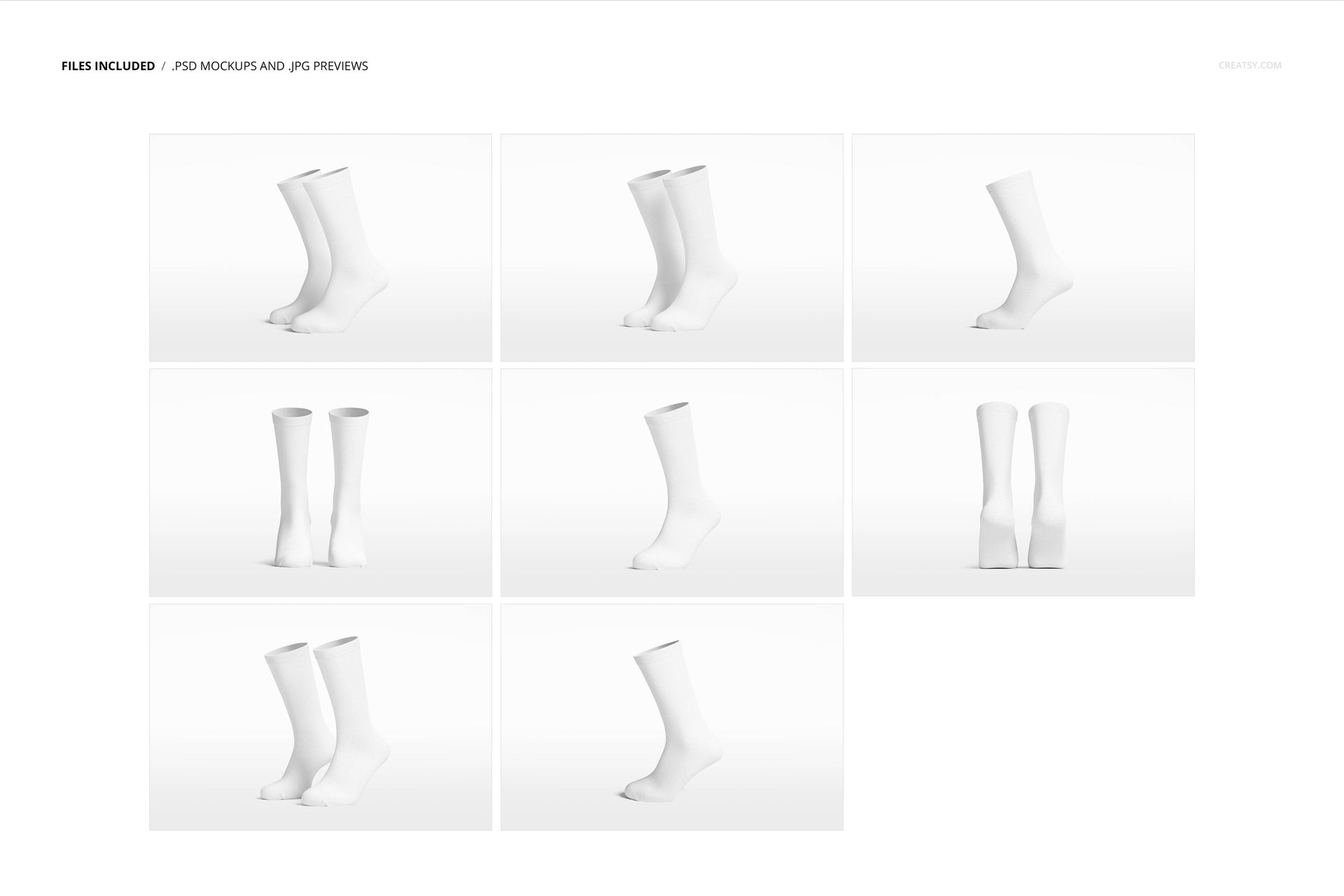 Long white socks displayed in various angles and pairs on a plain background, shown in a fashion accessories mockup.