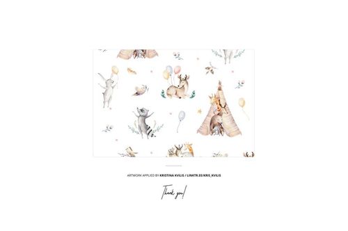 Crinkle cotton muslin swaddle blanket mockup with playful animal and balloon illustrations on a white background.