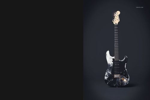 PSD mockup of an electric guitar with a distinctive marbled body, shown upright on a smooth dark background.