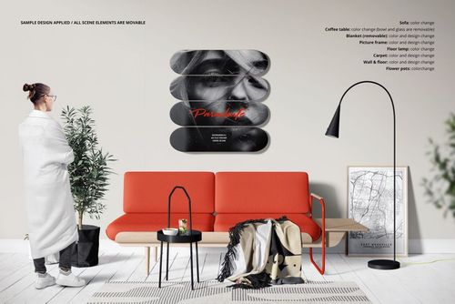 Mockup set showing skateboard decks used as wall art above an orange sofa, with a coffee table and floor lamp in a bright interior.