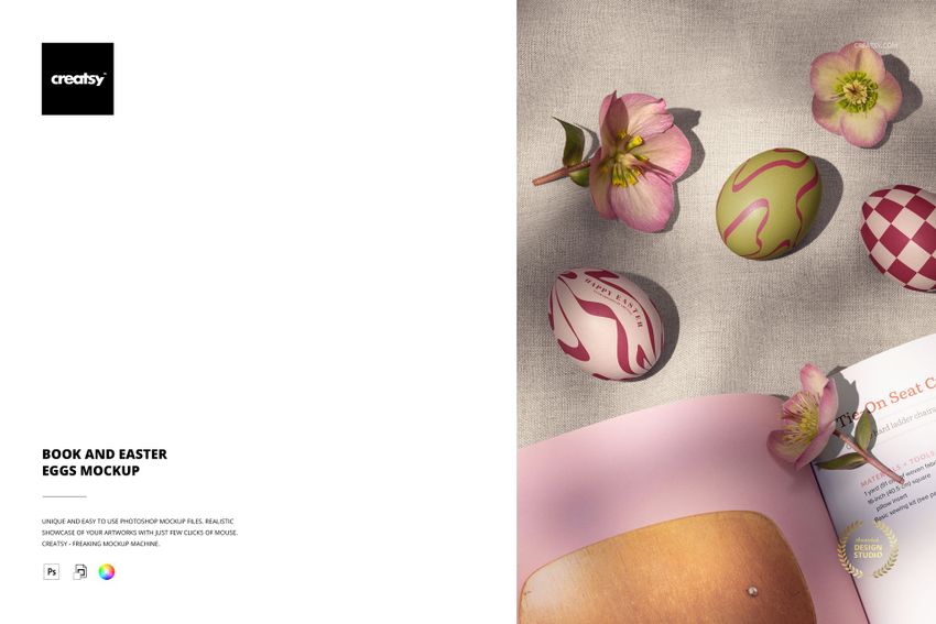 Easter-themed PSD mockup featuring a book, patterned eggs, and pink flowers arranged on a neutral linen background.