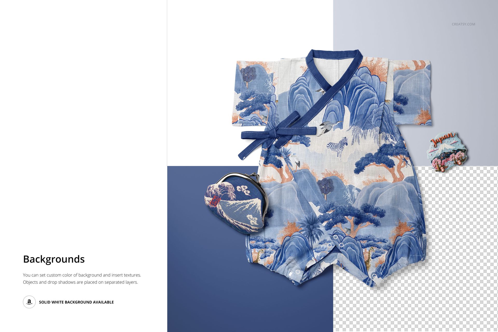 Front view of a Japanese style baby romper mockup with blue and white landscape pattern, surrounded by small decorative props.