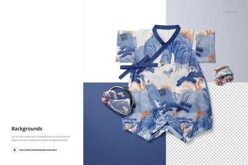 Front view of a Japanese style baby romper mockup with blue and white landscape pattern, surrounded by small decorative props.