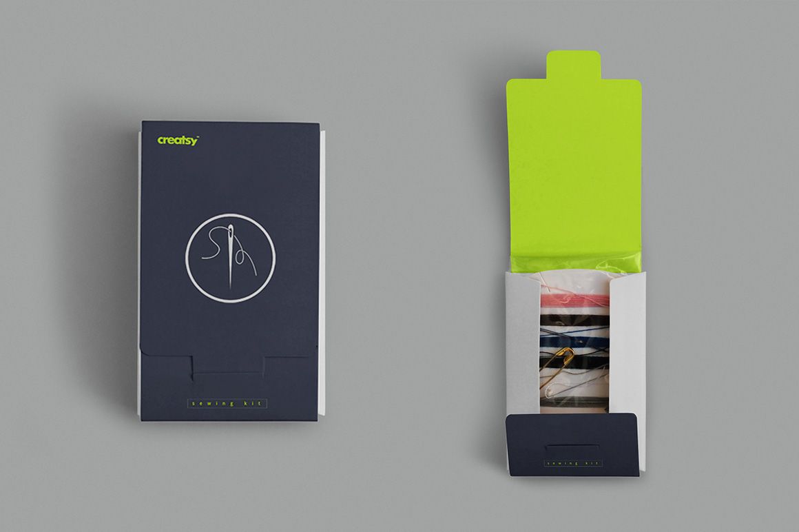 Sewing kit packaging mockup set shown on a neutral gray background, with closed and open box views side by side.