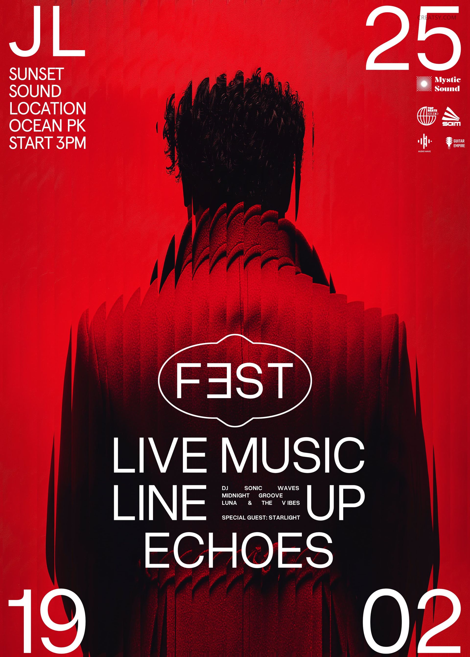 Red poster mockup with a distorted silhouette design and bold white event details, viewed from the front.