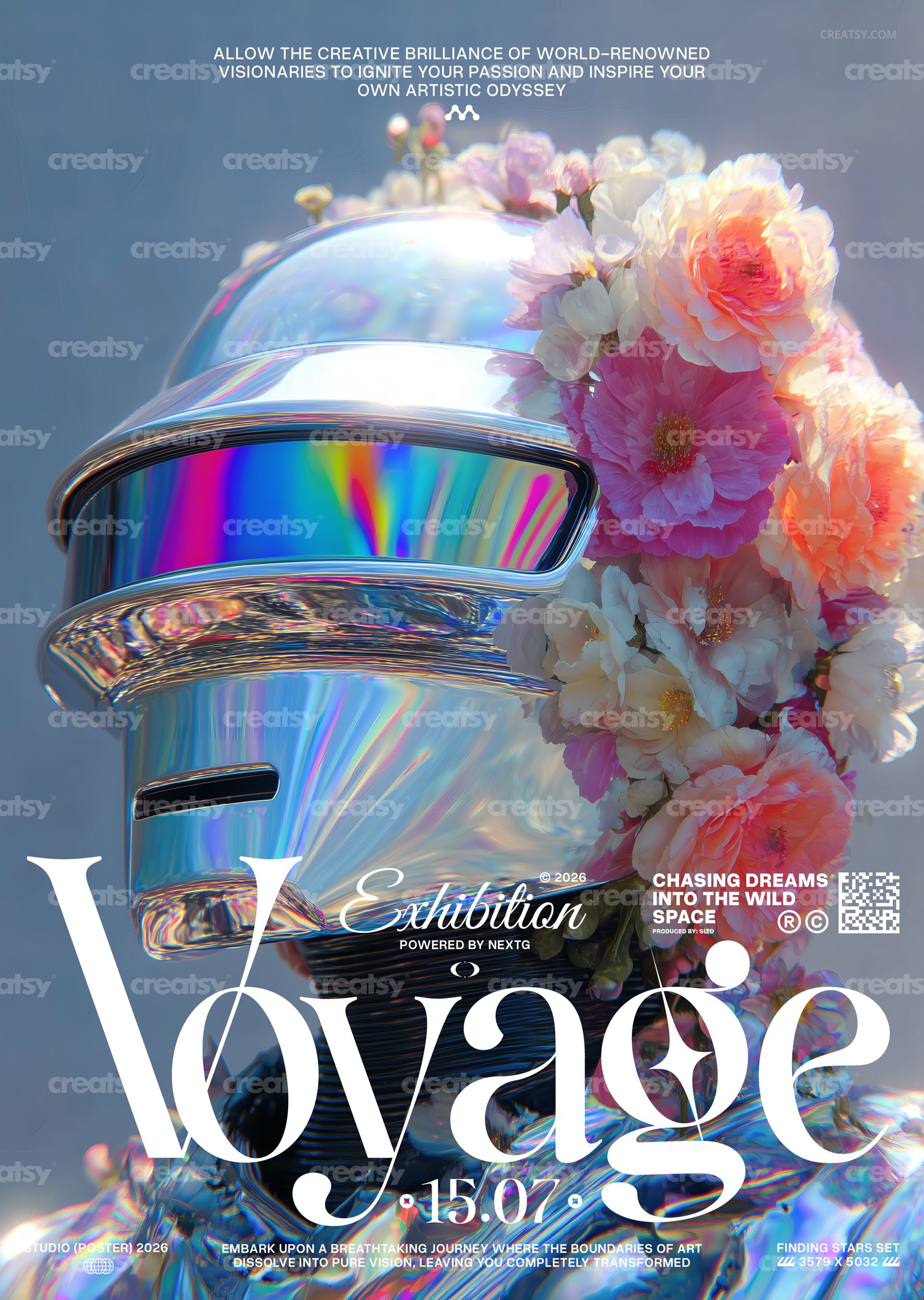 Front view of a poster mockup featuring a reflective metallic helmet adorned with pastel flowers, vivid colors and bold text.
