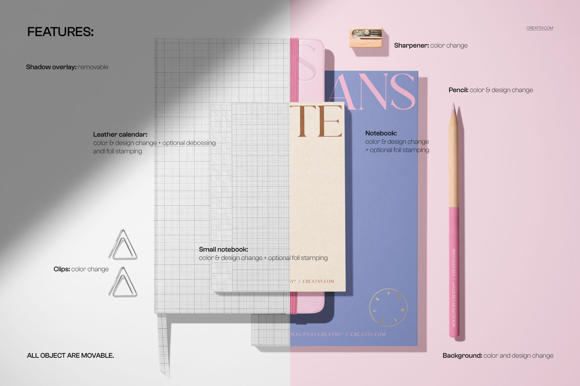 Stationery set mockup showing a pencil, sharpener, notebooks, calendar, and clips on a split pink and gray background.