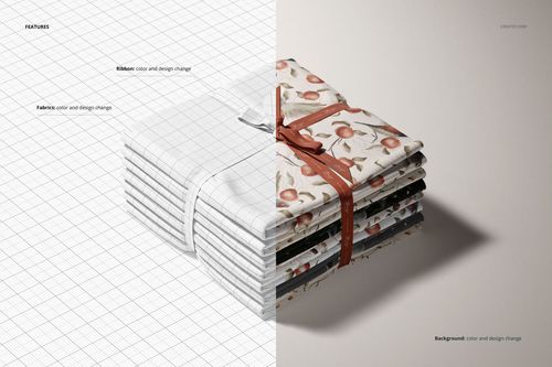 Fabric stack mockup displaying a bundle of textiles with a ribbon, half in grid print and half in fruit motif.