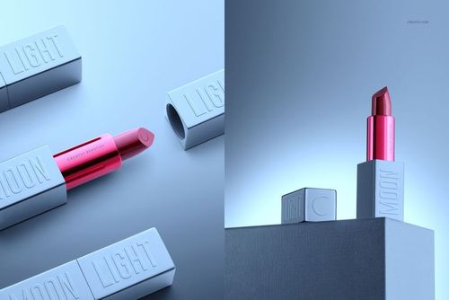 Lipstick mockup featuring a red lipstick in a silver tube, shown both lying open and standing upright on a blue surface.