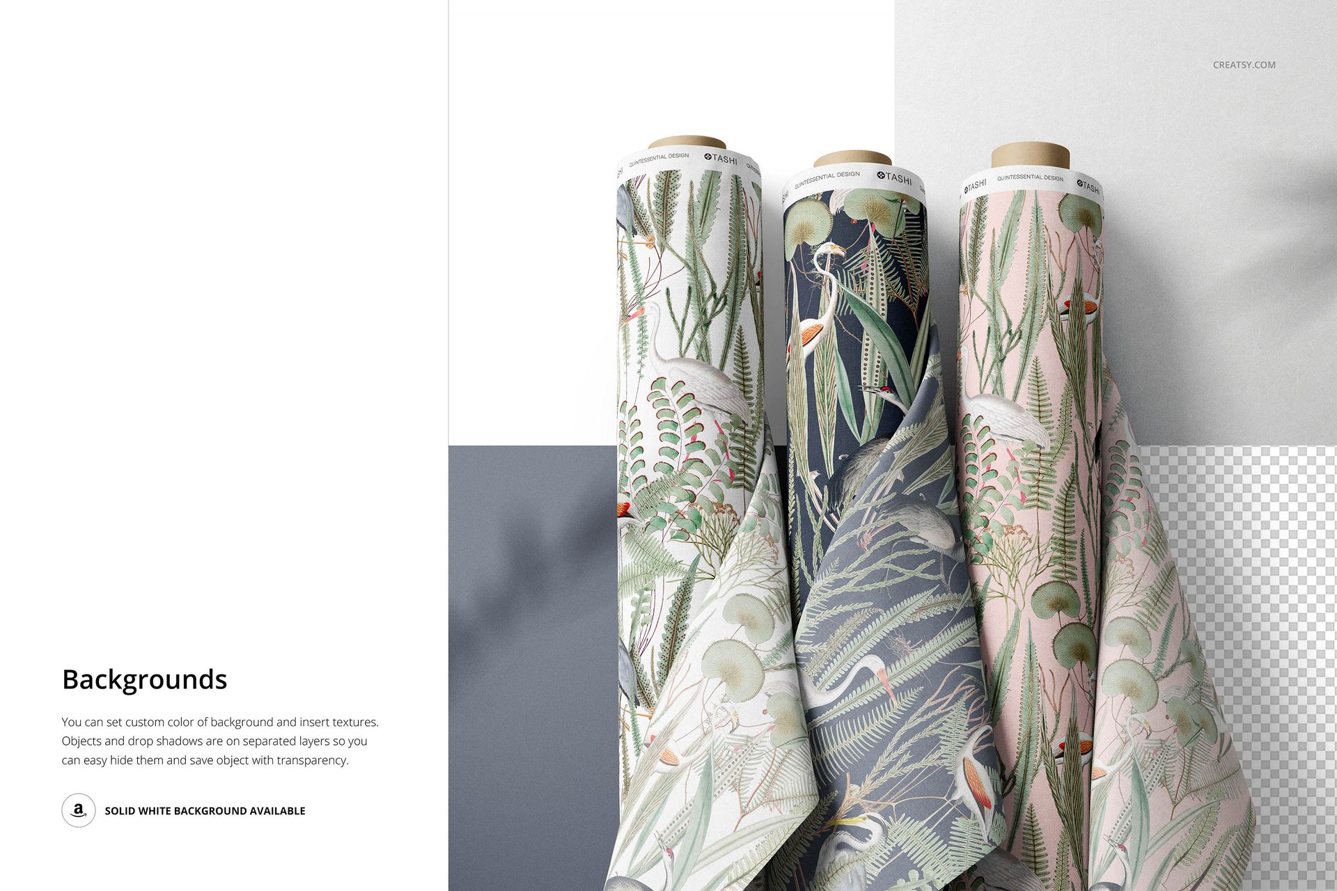 Fabric rolls mockup with tropical foliage prints in various colors, arranged vertically against a neutral background.