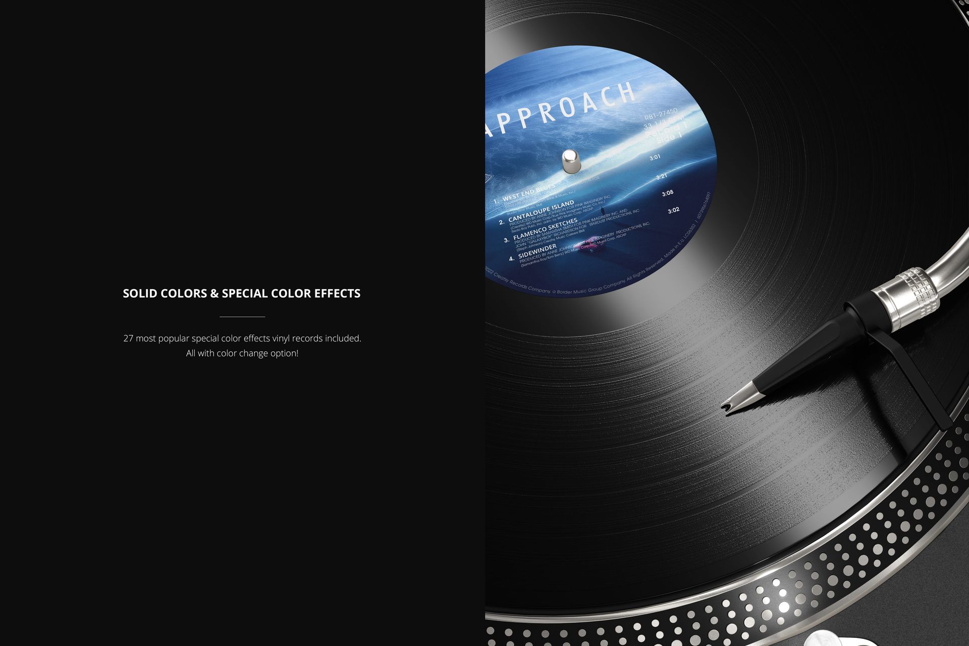 PSD mockup of a vinyl record on a turntable, highlighting the Concorde cartridge and circular metal platter.