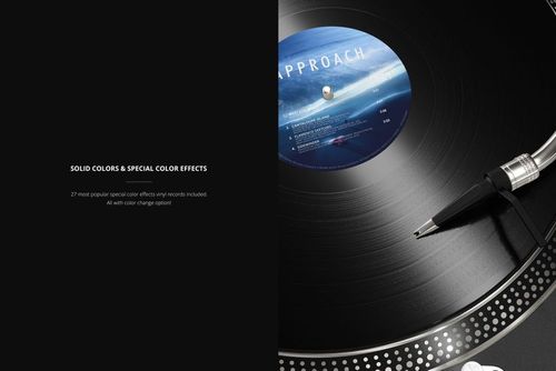 PSD mockup of a vinyl record on a turntable, highlighting the Concorde cartridge and circular metal platter.