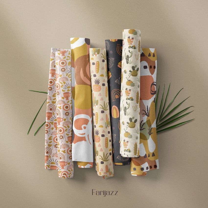 Fabric rolls mockup showing six upright rolls with colorful, abstract and nature-inspired patterns on a neutral background.