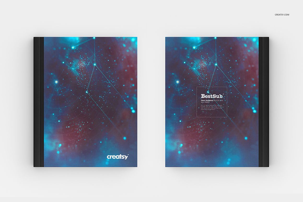 Fabric notebook PSD mockup showing both cover sides, decorated with star-like patterns in vibrant blue and burgundy tones.