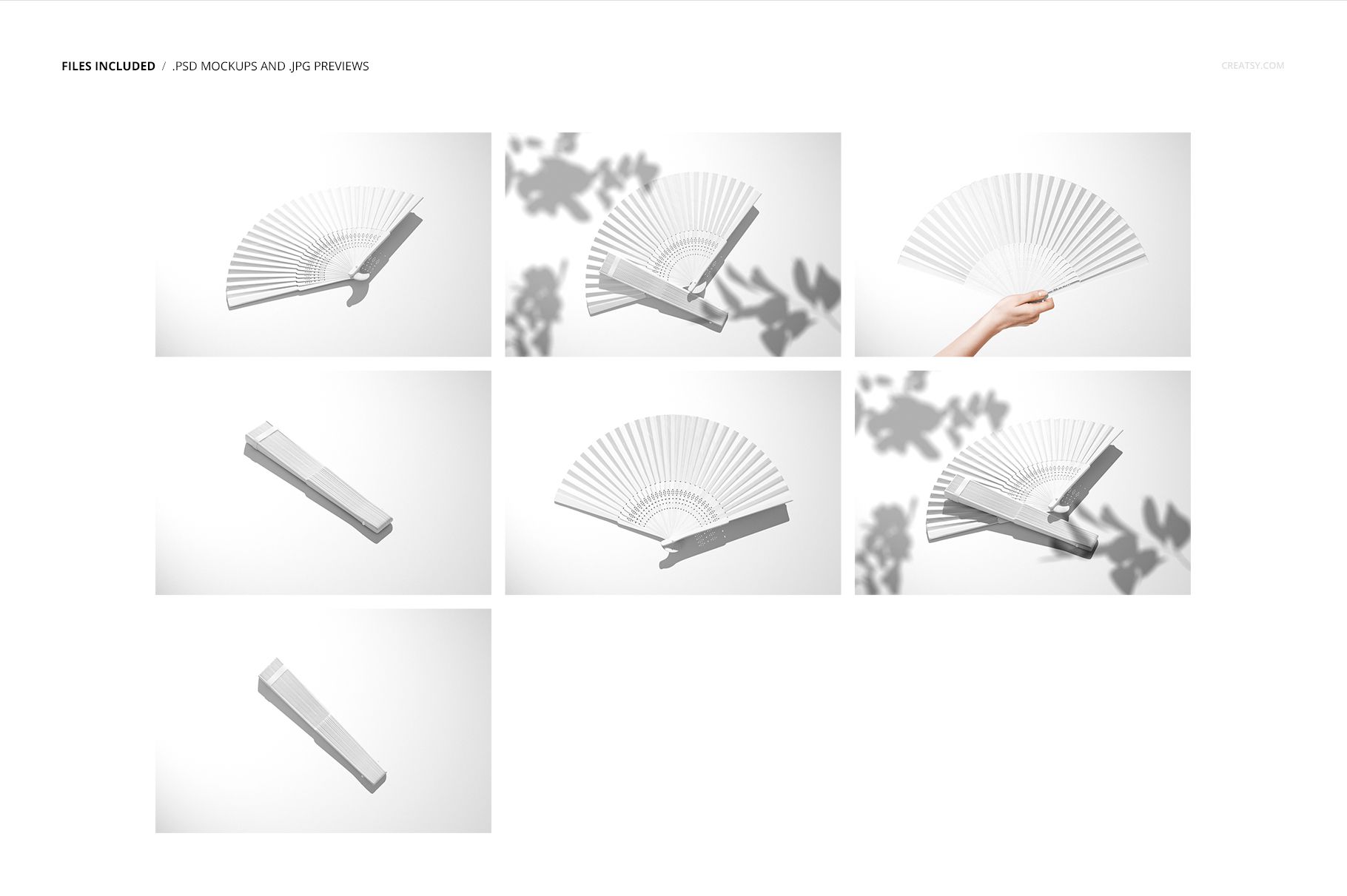 Fabric hand fan mockup set featuring white folding fans in various open and closed positions, with shadow effects.