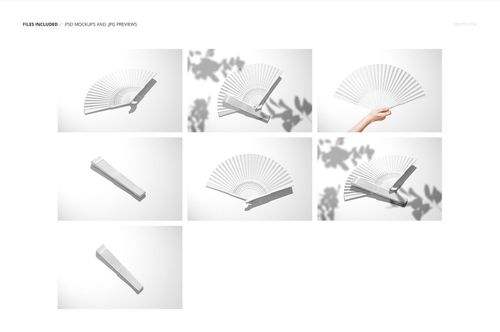 Fabric hand fan mockup set featuring white folding fans in various open and closed positions, with shadow effects.