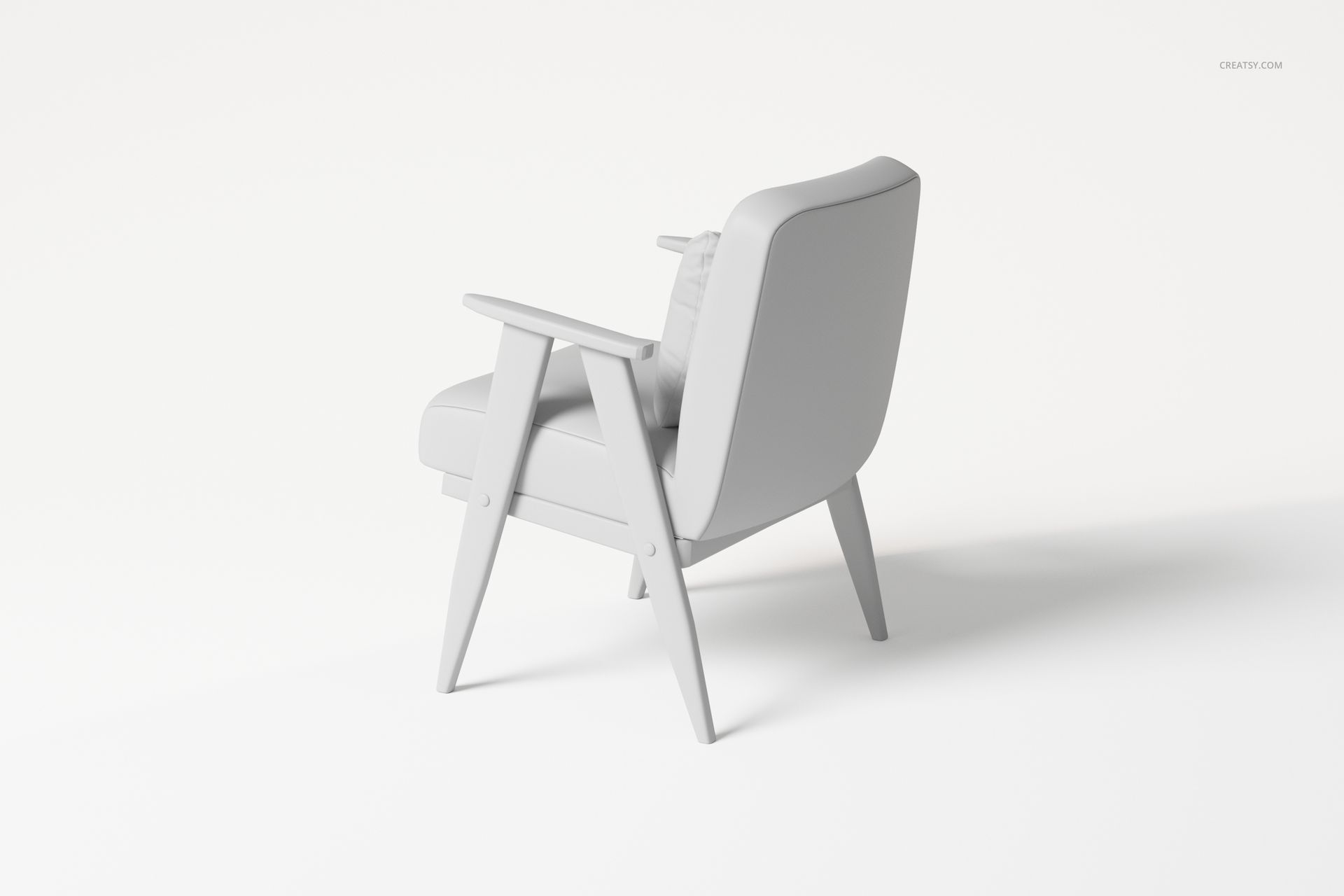 Wood frame armchair with pillow in a light gray finish, shown from a rear side angle on a plain white background.