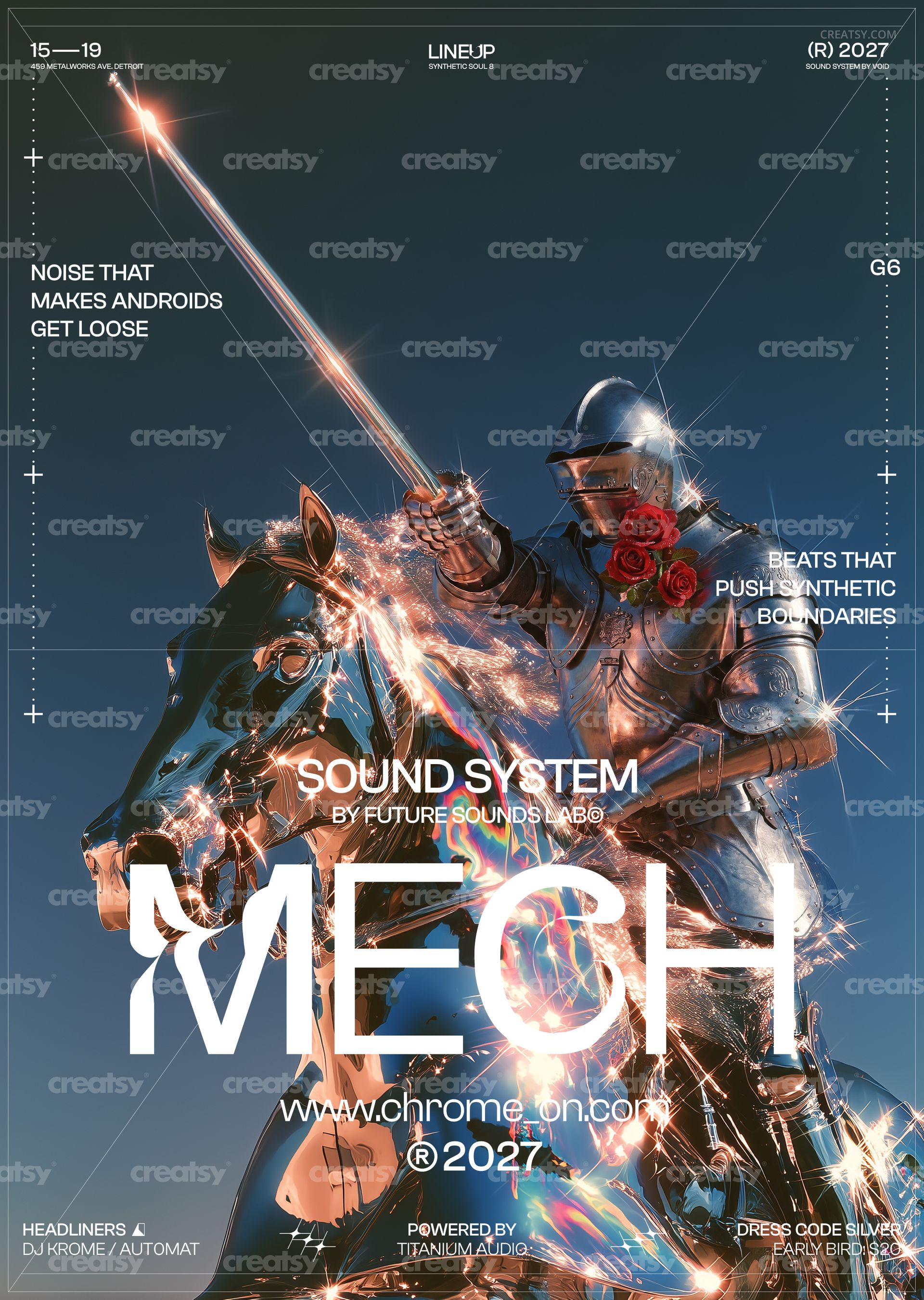 Cyber knight in reflective armor with roses, holding a glowing sword, on a horse, depicted in a colorful poster mockup.