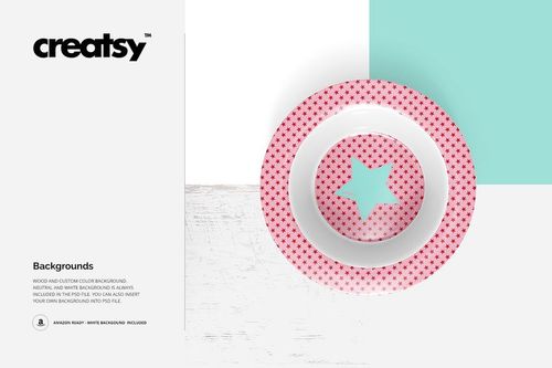 Melamine dinnerware mockup featuring a circular plate with pink dots and a turquoise star, shown from above.