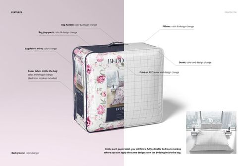 Front view of a transparent bedding bag with floral pattern, paper labels, and visible pillow and duvet mockup details.