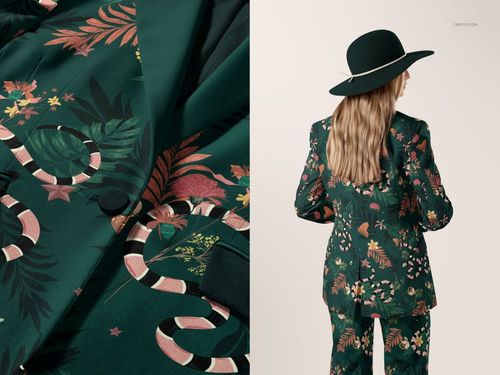 Elegant green blazer and trousers mockup with botanical and snake pattern, displayed on model and in fabric detail.