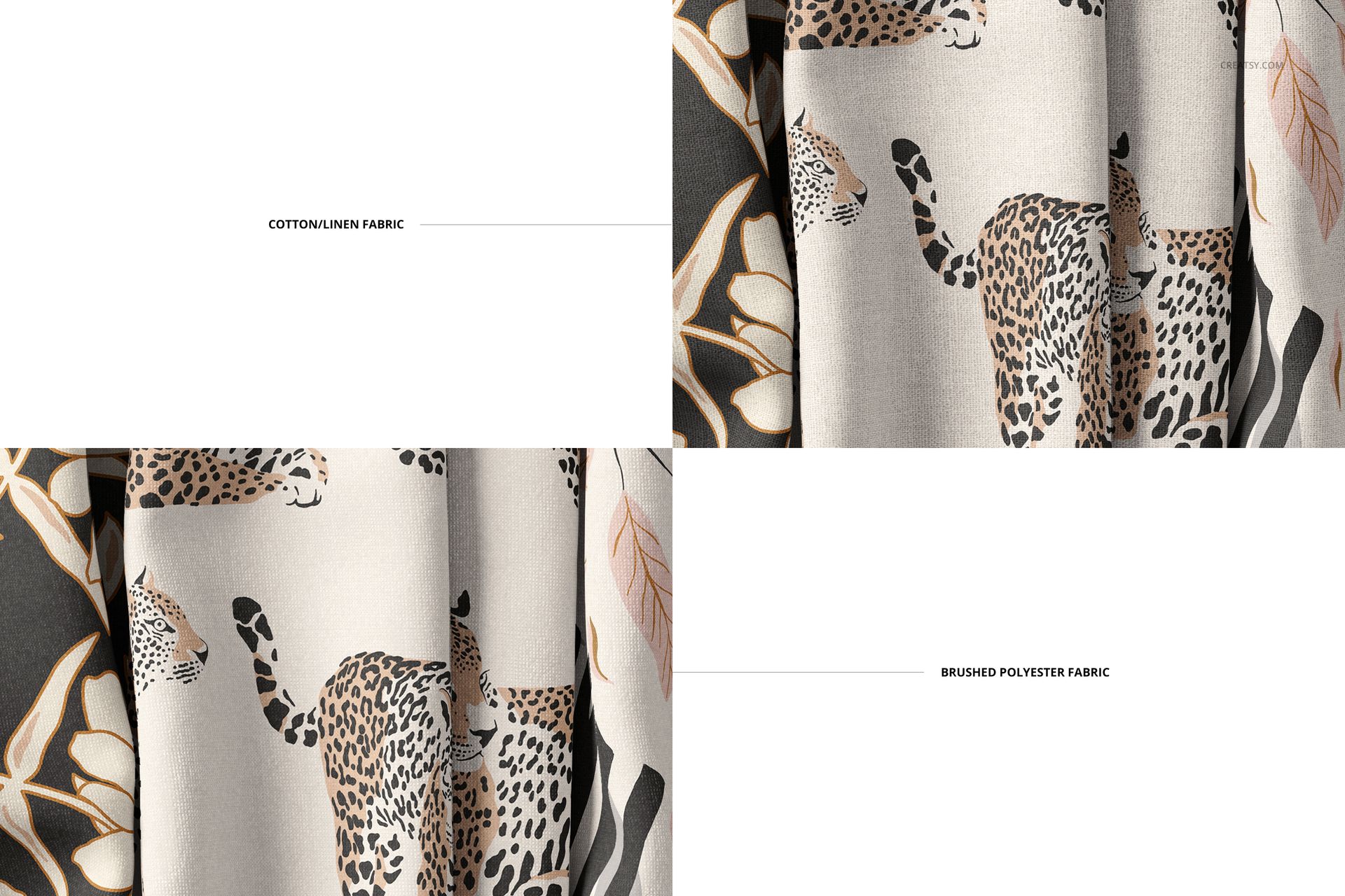 Leopard and flower patterned fabric mockup, featuring visible creases and texture differences between two labeled samples.