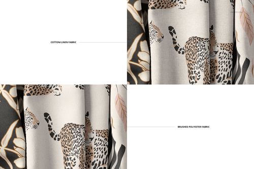 Leopard and flower patterned fabric mockup, featuring visible creases and texture differences between two labeled samples.
