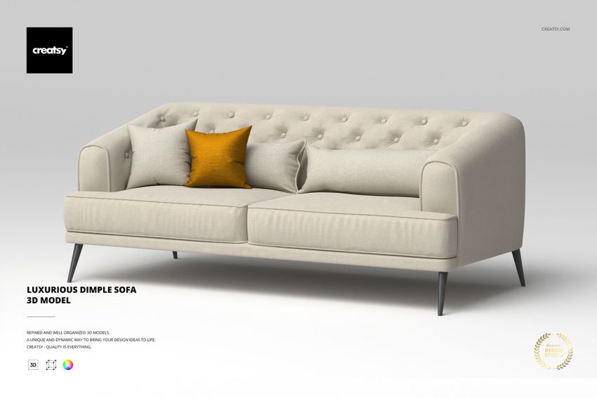 Front view of a light beige dimple sofa with tufted backrest, slim dark legs, and two accent pillows on a plain background.