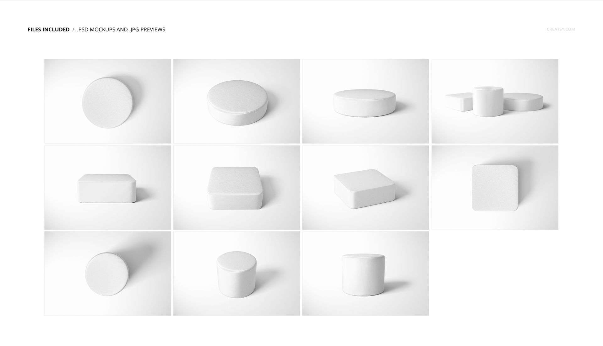 Collection of round and square velvet poufs mockup arranged in a grid layout, shown with a clean white backdrop.