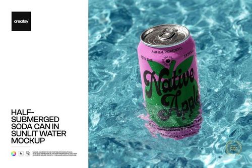 Pink soda can partially submerged in clear sunlit water, viewed from above with rippling reflections and mockup details.