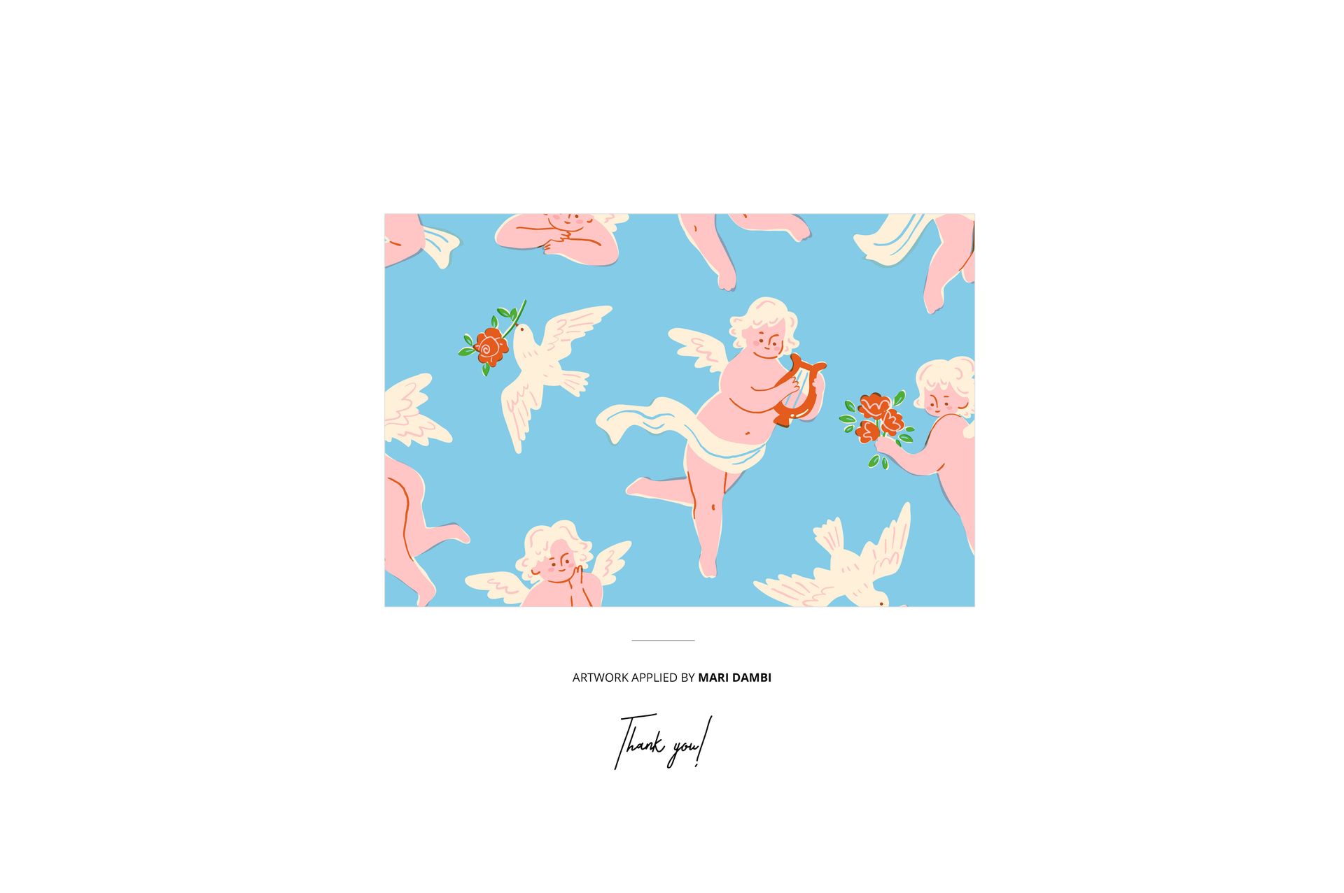 Packaging mockup featuring a blue background with romantic flower and cherub illustrations in a seamless pattern.