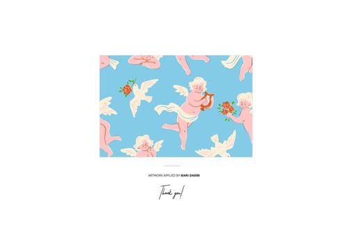 Packaging mockup featuring a blue background with romantic flower and cherub illustrations in a seamless pattern.