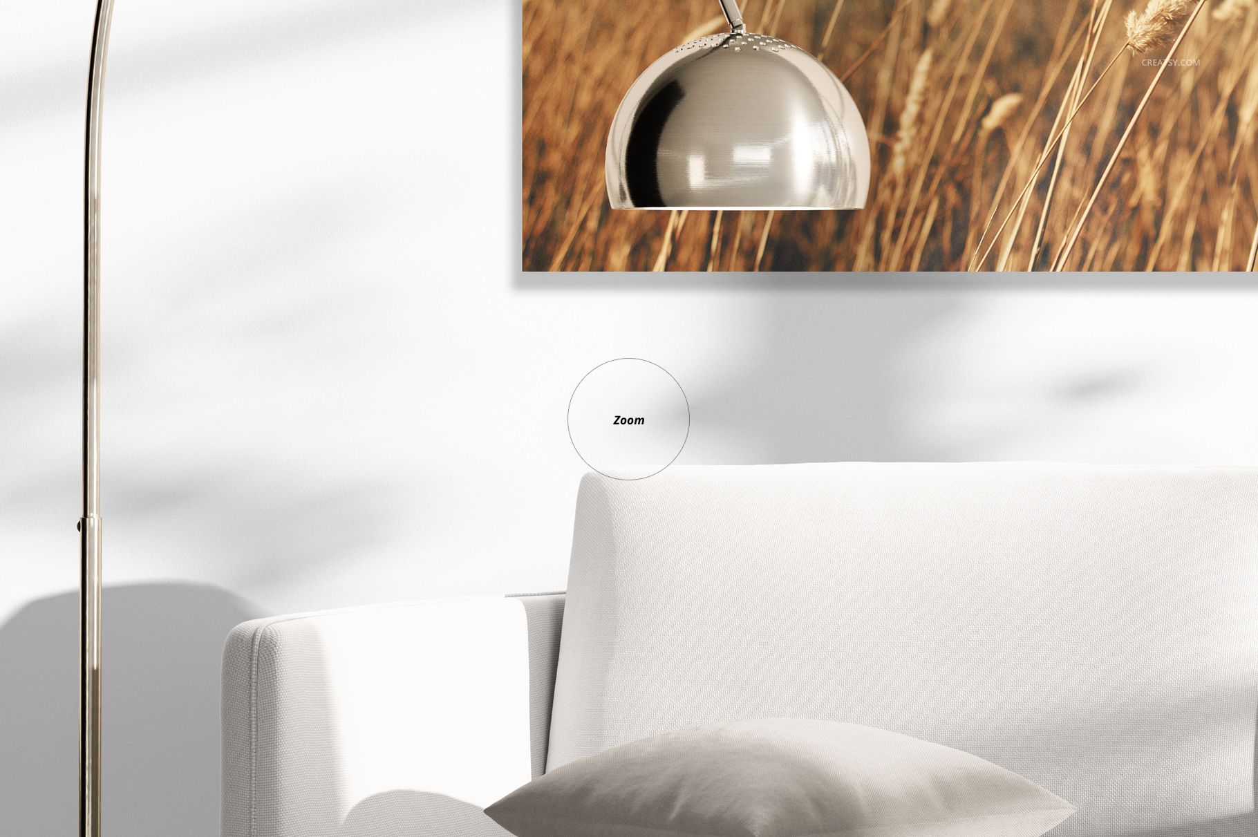 PSD mockup displaying a white couch, curved floor lamp, and acrylic wall art with a nature-inspired wheat pattern.