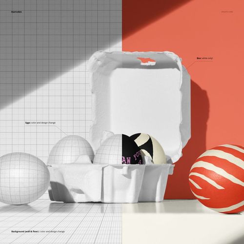 Egg carton mockup featuring four Easter eggs, some with grid overlays and others with bold patterns, set against a divided backdrop.