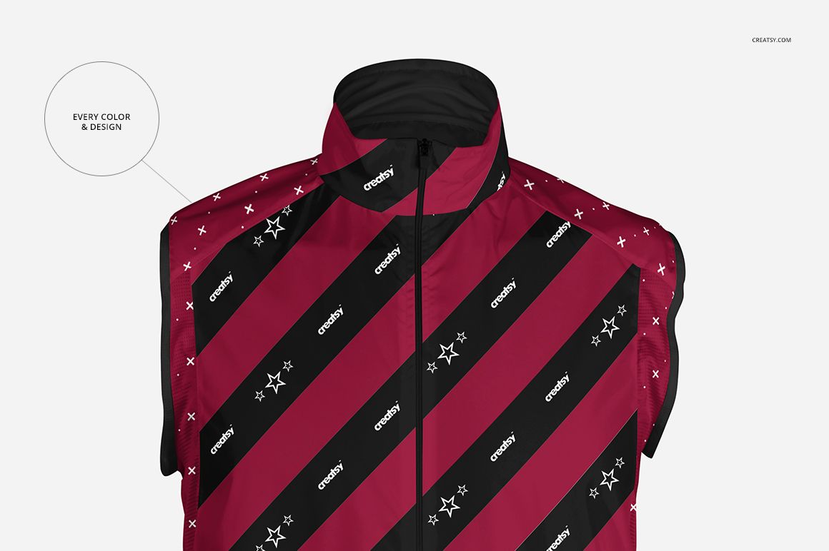 Front view of a cycling vest mockup with diagonal maroon and black stripes, white star motifs, and a high collar.