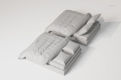 Double bed bedding set 3D model featuring two mattresses, duvets, and pillows in a neutral light gray color, top view.