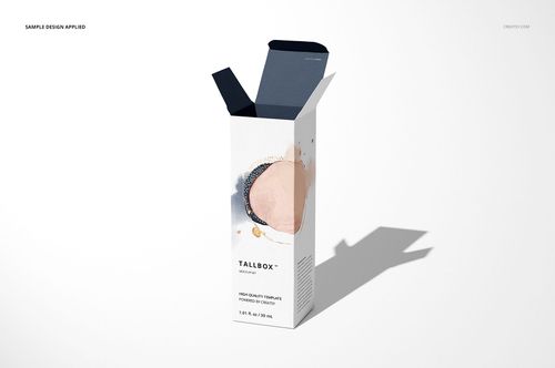 Front view of a tall packaging box mockup with open top, abstract design elements, and shadow on a light background.