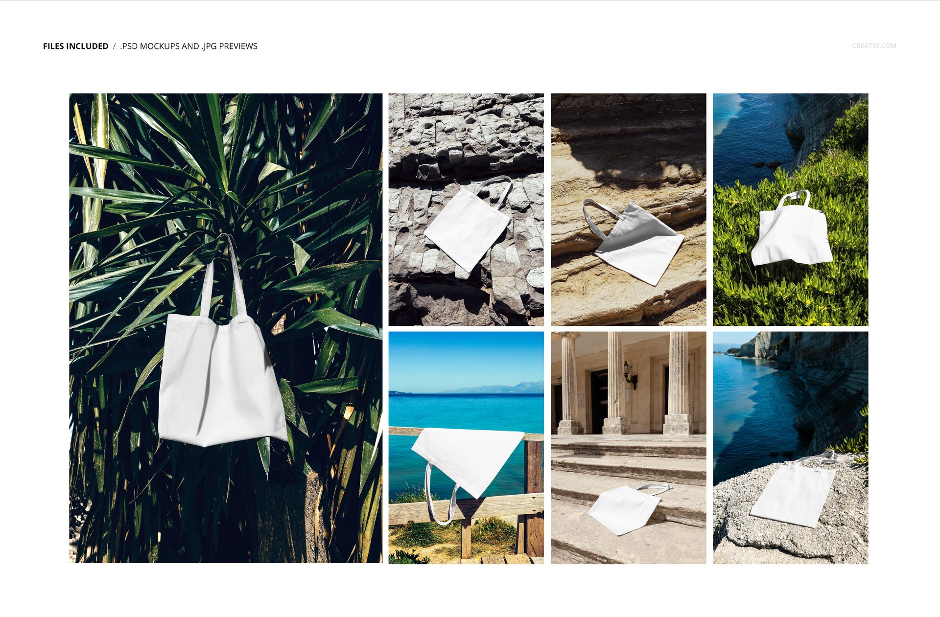 Classic white tote bag mockup set shown in seven different nature-inspired locations with natural lighting.
