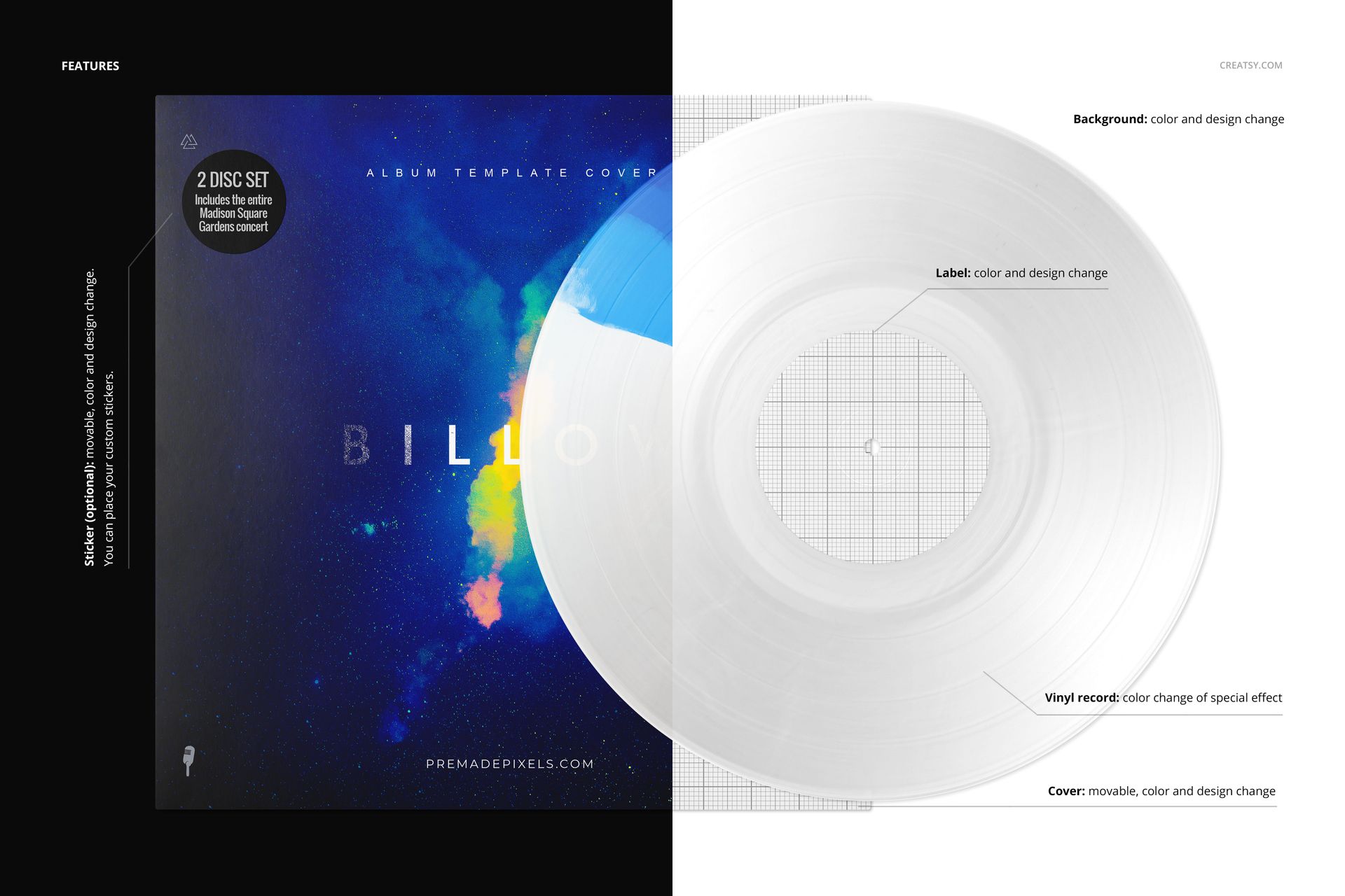 Front view of a vinyl record and cover mockup with multi-color segments effect, split between dark and light backgrounds.
