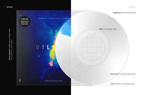Front view of a vinyl record and cover mockup with multi-color segments effect, split between dark and light backgrounds.