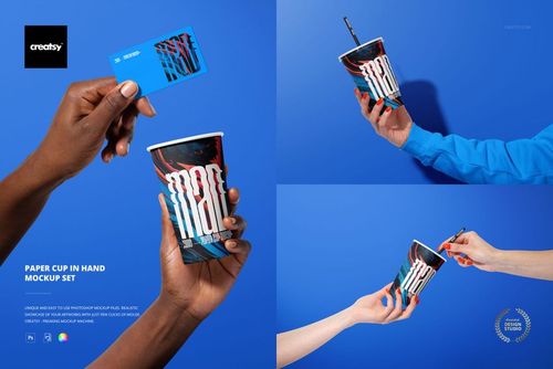 Paper cup with abstract design held in various hand positions against a vibrant blue background, shown in PSD mockup set.